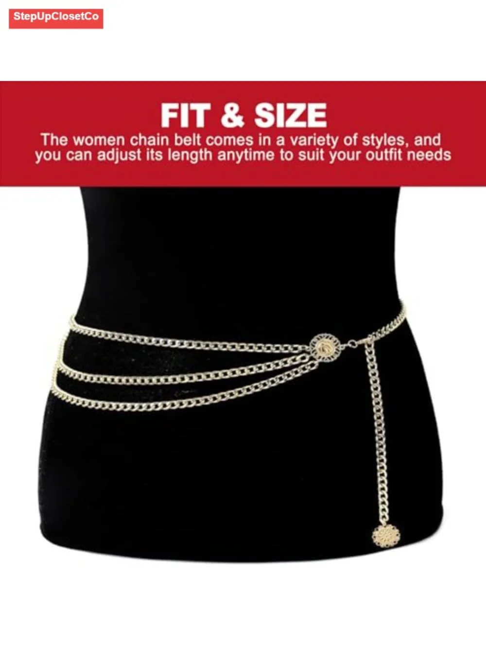 Women's Gold Chain Waist Belt, Concho Coin Pendant, Adjustable Metal Belt